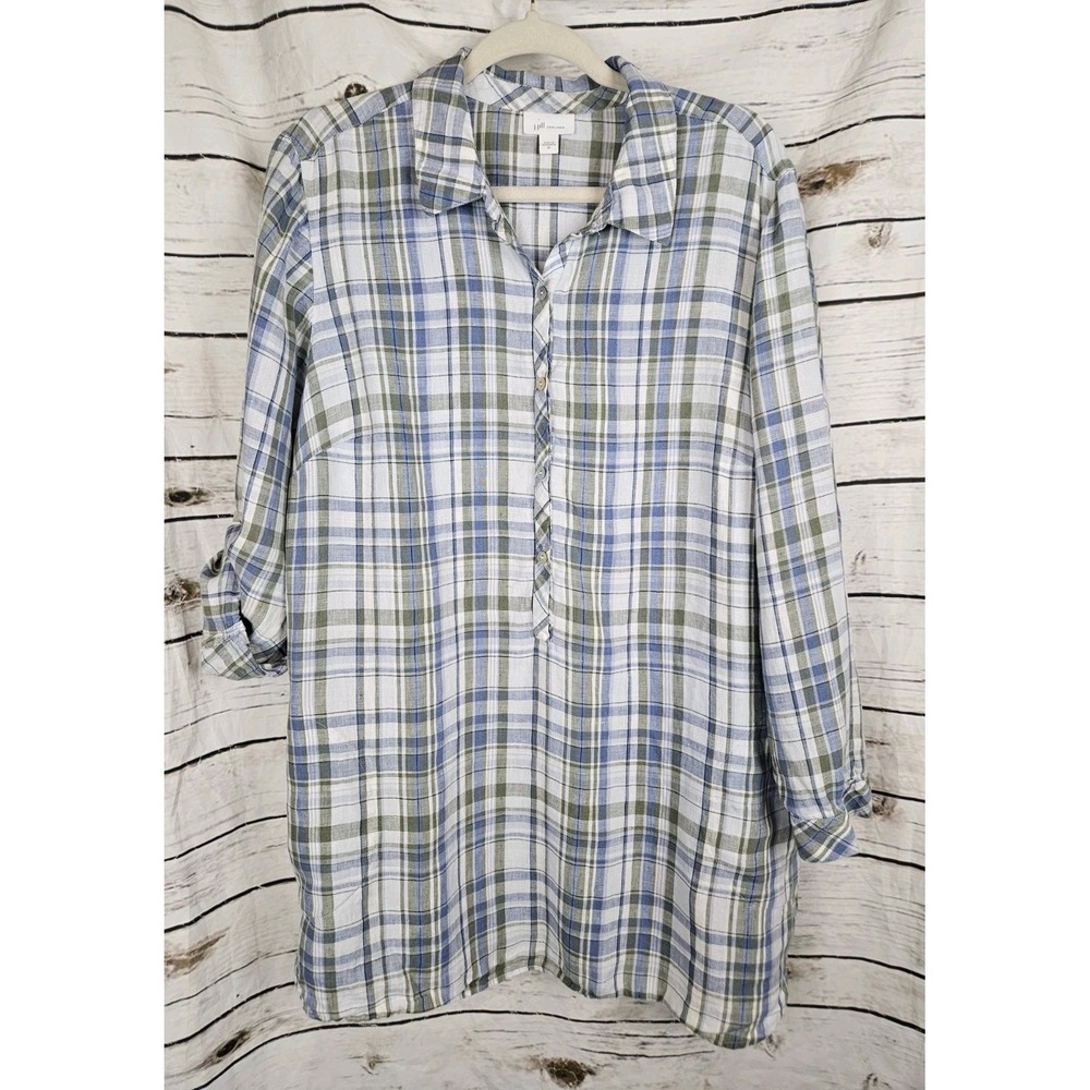 J Jill Love 100% Linen Popover Tunic Top XL Plaid Coastal Boho Roll Sleeves